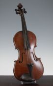 A 1915 G. A. Warwick violin, with 13.75 inch two piece back and a bow