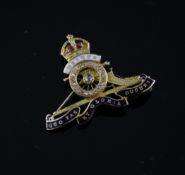 An Edwardian 15ct gold, enamel and diamond set Royal Artillery sweetheart`s brooch, 1.5in.