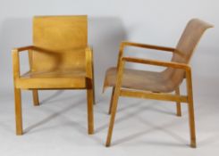 A pair of Alvar Aalto Artek 403 beech and plywood armchairs, 2ft 6in.