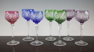 A set of seven Royal Brierley colour flashed hock glasses, with cut bowls and clear panelled