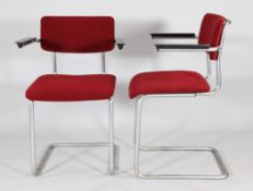 A set of four 1950`s Marcel Breuer style cantilever armchairs, with fabric upholstery and chrome