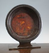 A Chinese or Burmese laminated wood and lacquered bowl, 19th century, the centre decorated with fish