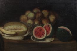 18th century North Italian Schooloil on canvas,Still life of pomegranates, a melon and a