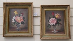 James Noble (1919-1989)pair of oils on board,`Pink Roses & Red Buds` and `Morning Dew`,signed,10 x