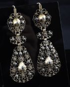 A pair of antique gold and diamond set drop earrings, of pierced foliate design, 2.75in.