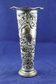 An Edwardian pierced silver specimen vase, of tapering form, with lattice and floral scroll