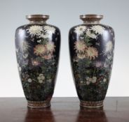 A pair of Japanese silver wire cloisonne enamel vases, Meiji period, each finely decorated with