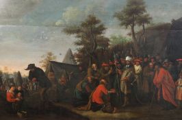 Early 18th century Flemish Schooloil on wooden panel,Encampment with peasants presenting gifts to
