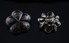 A tortoiseshell and gold and silver pique brooch, of circular lobed form, 1.25in, together with