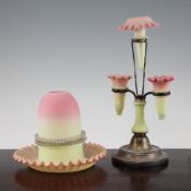 A Queens Burmese glass night light and a similar epergne, late 19th century, possibly Thomas Webb,