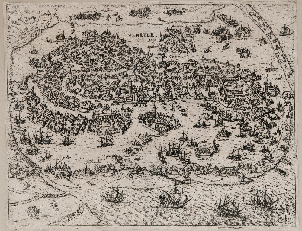 GEORG KELLER (GERMAN 1568-1640) Venetiae Engraved Map of Venice, signed in the plate and dated 1607,