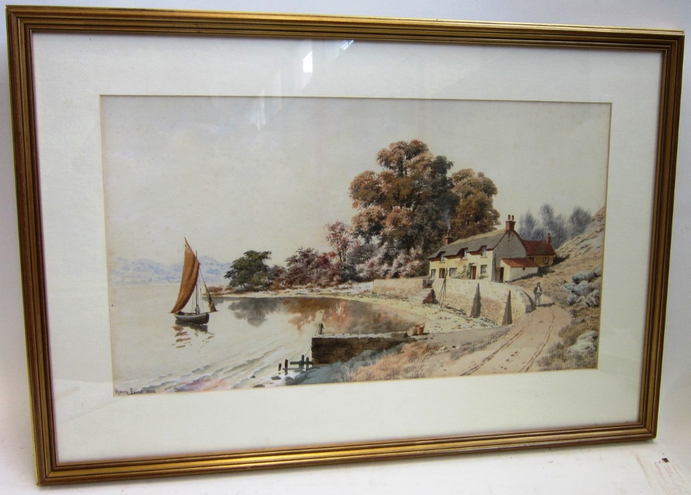 HARRY FRIER (1849-1919) A Scottish Loch, with cottage and sailing boat Watercolour, signed and dated