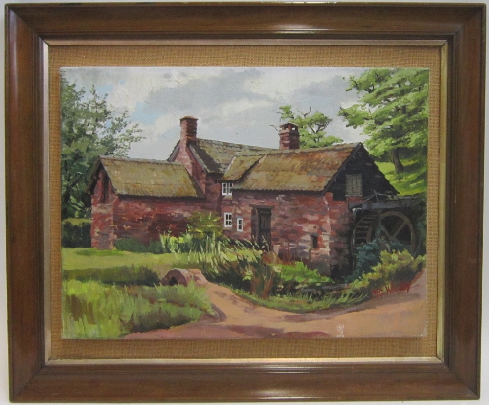 M S WHATLEY A water mill Oil on canvas, signed lower right; together with a pair of Gouache river