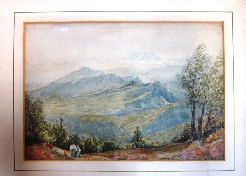 LATE 19TH CENTURY SCHOOL Figures before an extensive Alpine landscape with Mont Blanc in the