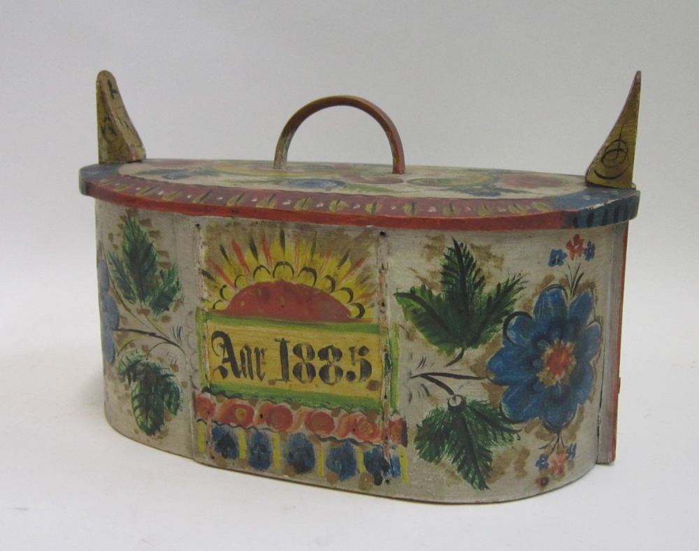 A Swedish/Norwegian painted oval Box or Svepask, with floral decoration. Inscribed and dated 1885;