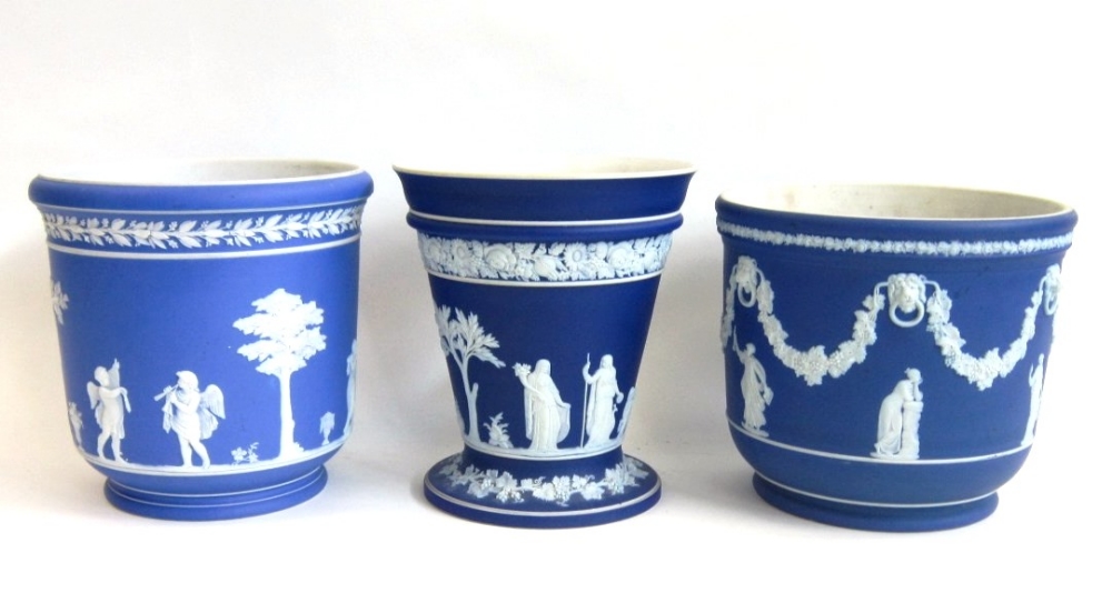 A late 19th Century Wedgwood blue Jasperware Jardiniere. Together with a trumpet shaped Vase, 20th