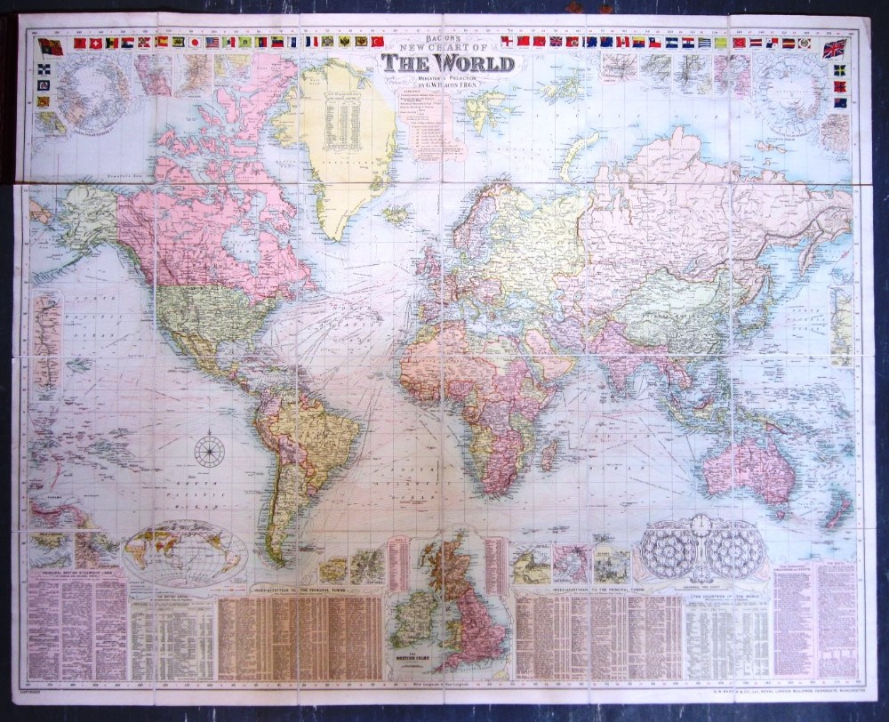 Bacon`s New Chart of The World C.1907, Linen backed, titled to binding