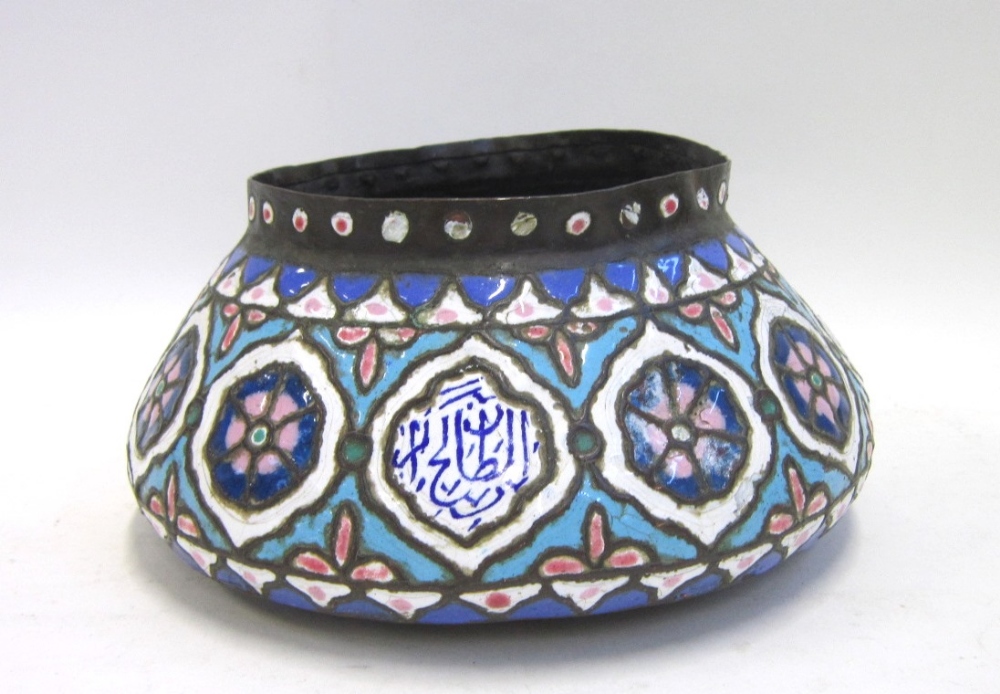 A Syrian enamelled copper Vessel, possibly 19th Century, decorated with floral motifs and