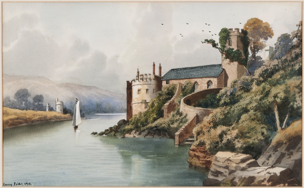 HARRY FRIER (1849-1919) A lakeside Castle in a landscape, possibly Scotland Watercolour, signed