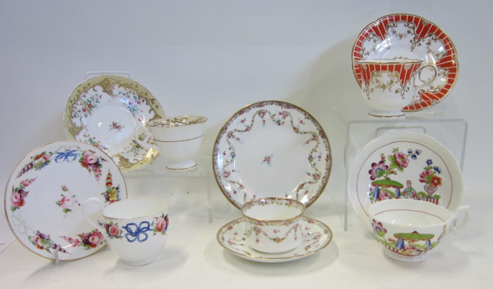 Five English porcelain Tea Cups and Saucers. Various markers, 19th Century, including an orange