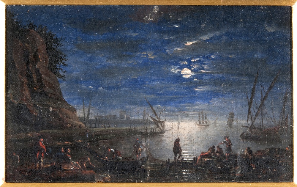 FOLLOWER OF CLAUDE JOSEPH VERNET (1714-1789) A moonlit coastal landscape of miniature proportions,