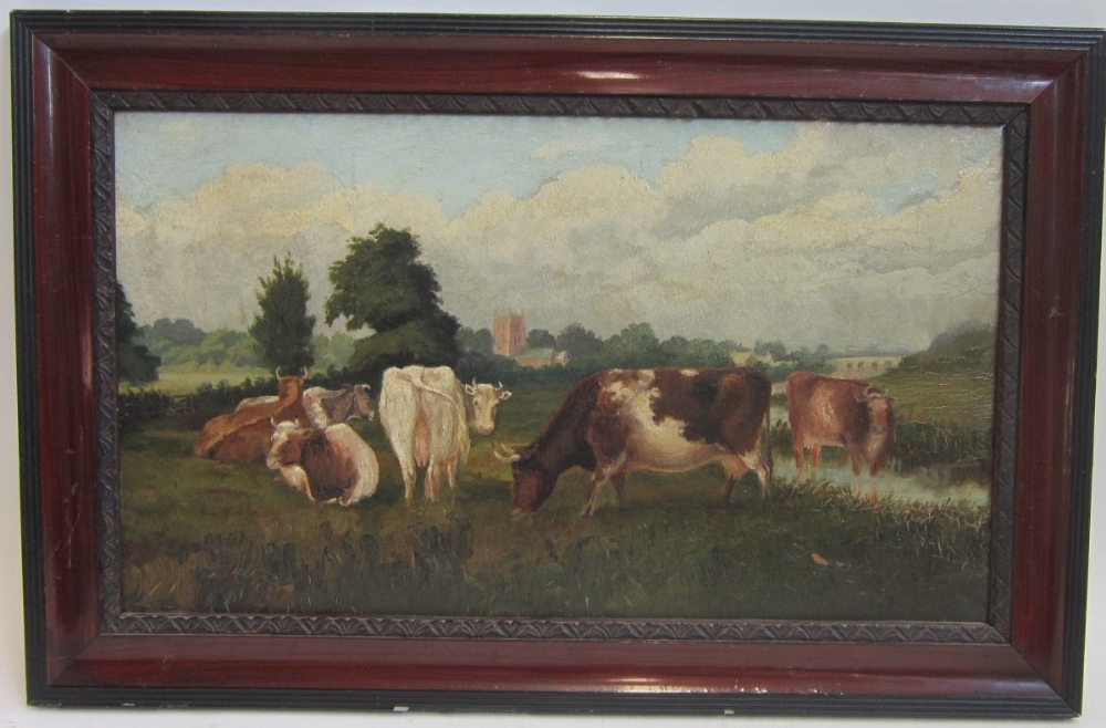 ENGLISH SCHOOL, circa 1900 Study of cattle in a country landscape Oil on board 27cm x 47cm