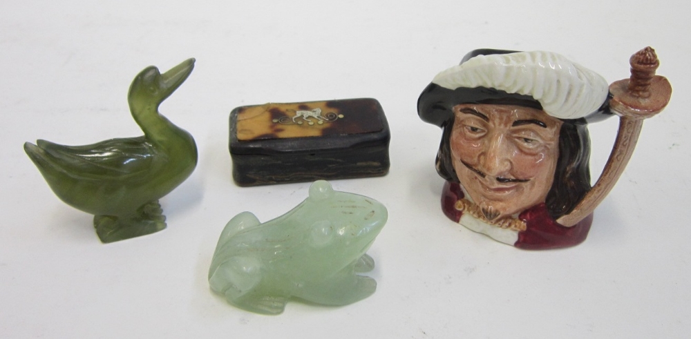 A mixed group of items comprising a Miniature Doulton Character Jug `Porthos`; a Snuff Box; and
