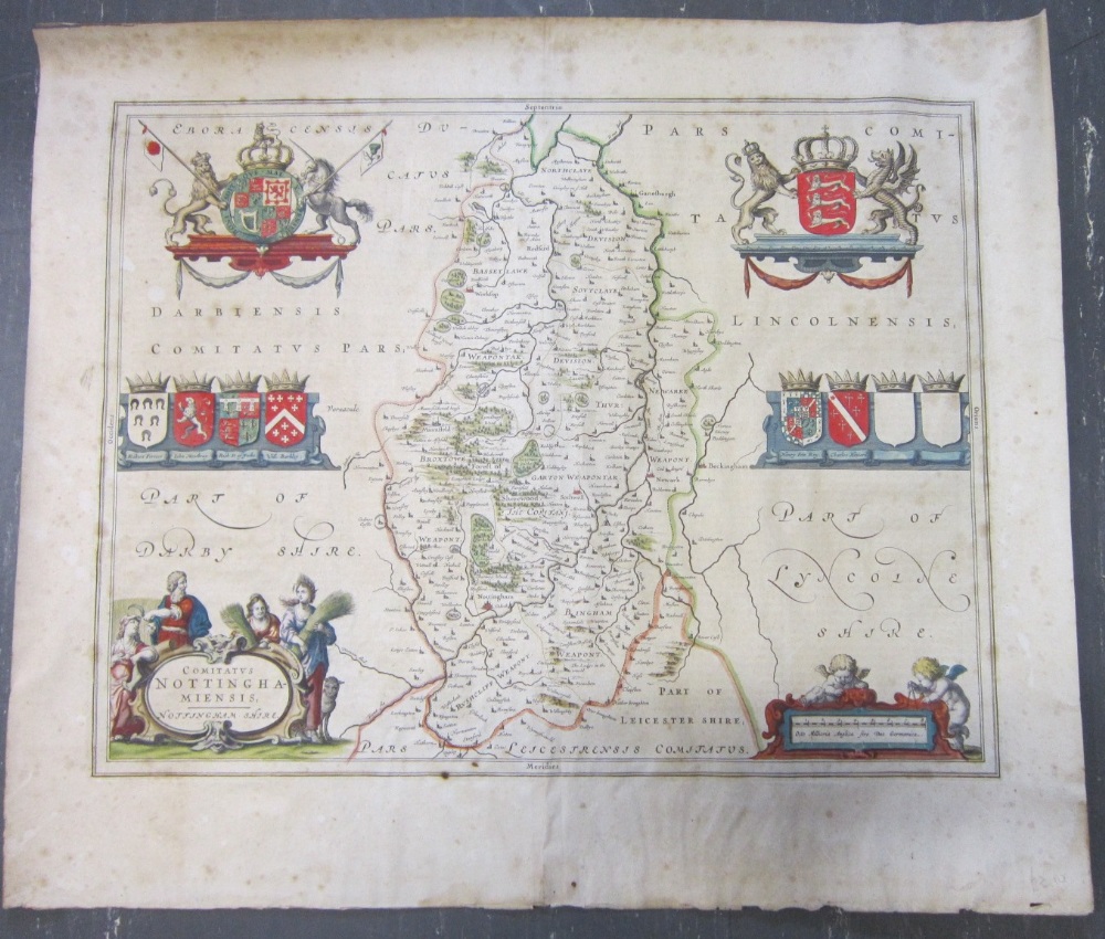 JOAEN BLAEU `Comitatus Nottinghamiensis`, Map of Nottinghamshire Engraving with hand colouring 49.