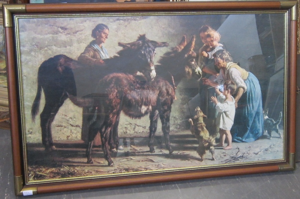 Reproduction Print of Children and Donkeys. Housed in a brass mounted frame. 98 x 58 cms