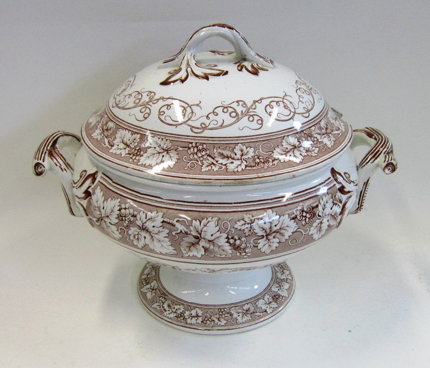 A large Bovey Tracey Pottery transfer printed Soup Tureen and Cover. Printed in brown with scrolling