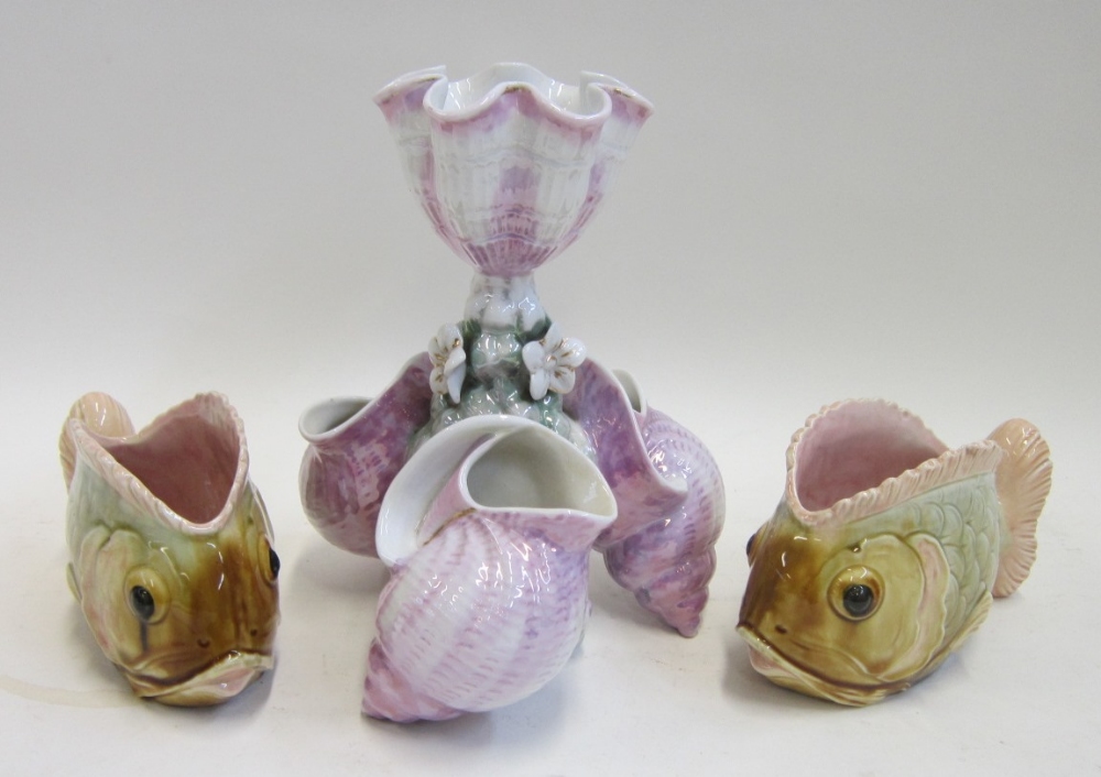 A pair of novelty Spill Vases modelled as Fish; together with a Vase modelled as Seashells. The