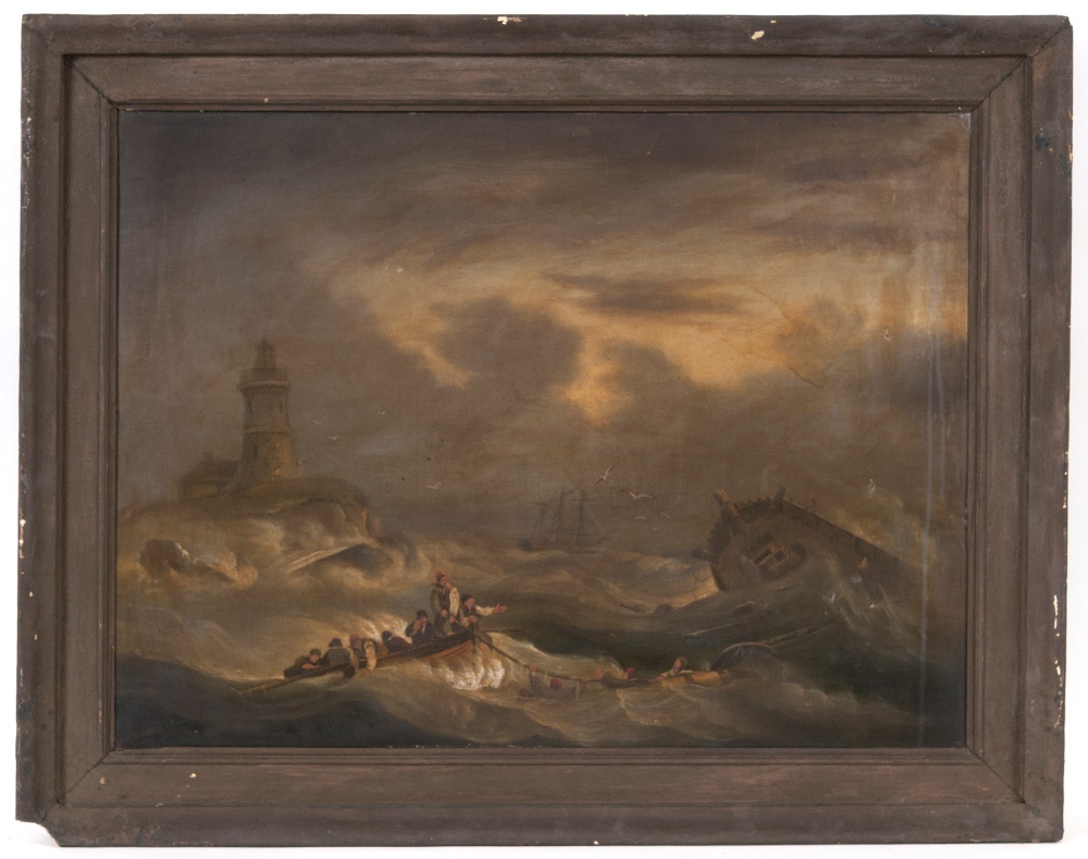 FOLLOWER OF THOMAS LUNY (1759-1837) A shipwreck in stormy seas with lighthouse Oil on Canvas Bears