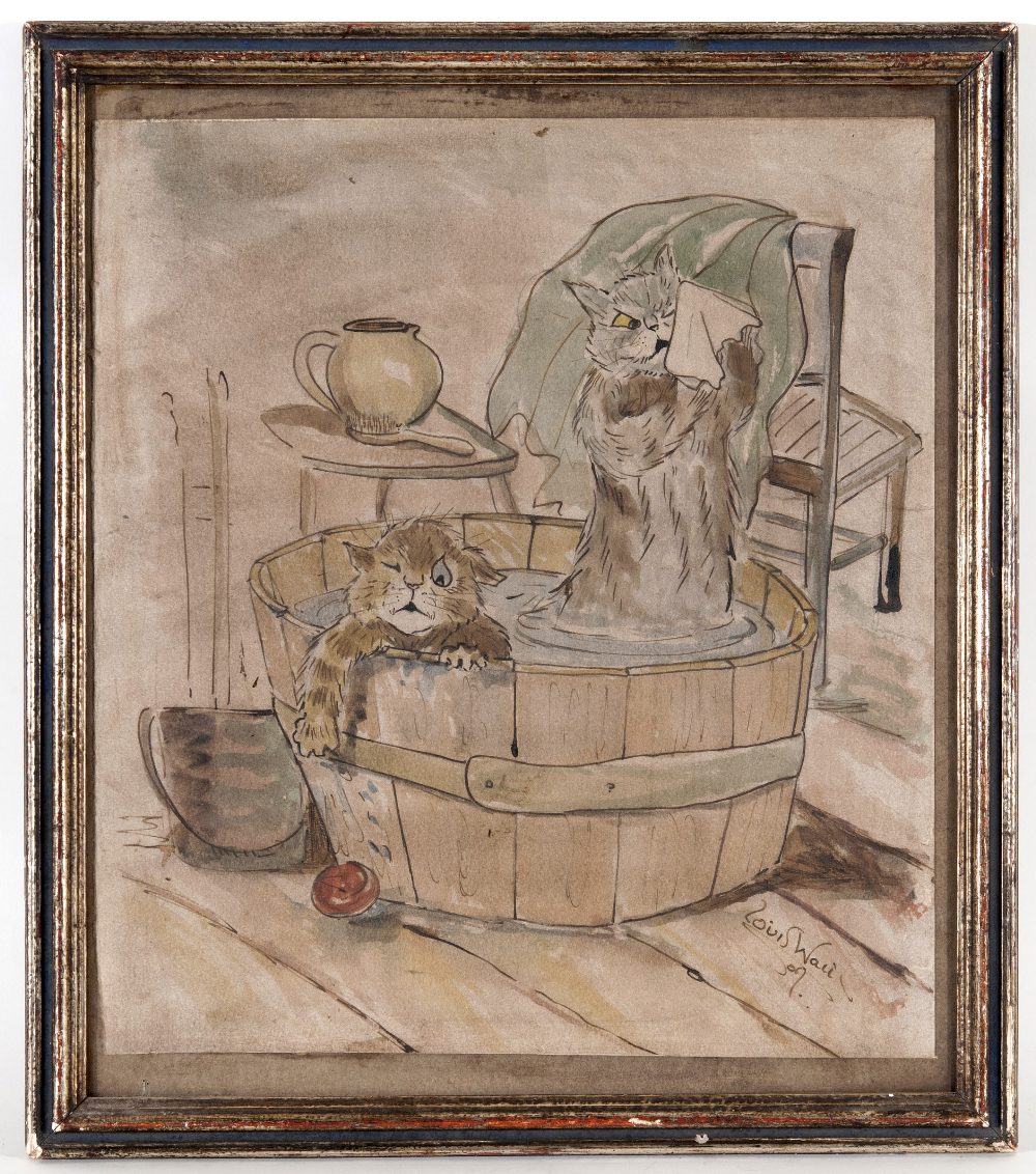 Manner of Louis Wain (1860-1939) Study of two cats bathing Watercolour Bears signature and date `