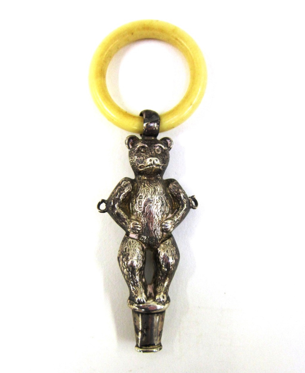 An Edwardian silver Baby`s Teether/Rattle. Birmingham, 1909 Modelled as a Teddy Bear