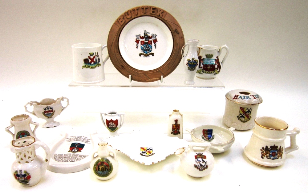 Collection of Crested China including The Old Horse Shoe, Torquay Butter Dish by Goss, Grafton,