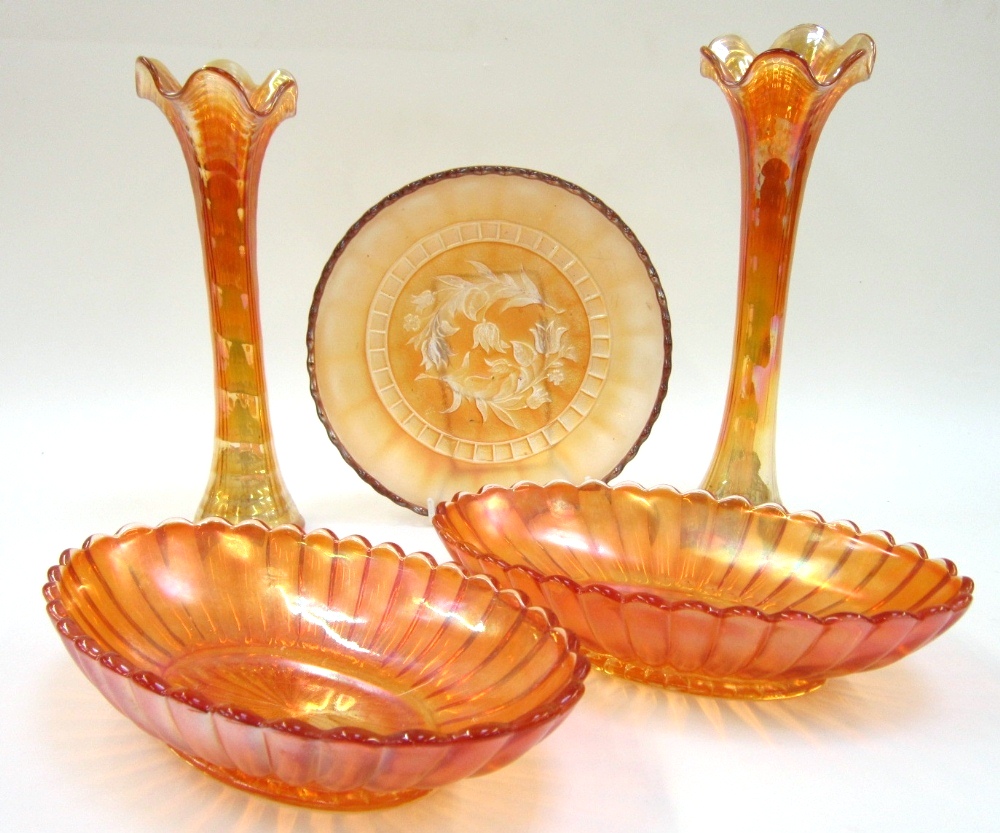 Carnival Glass comprising 3 Dishes and a pair of Vases (5)