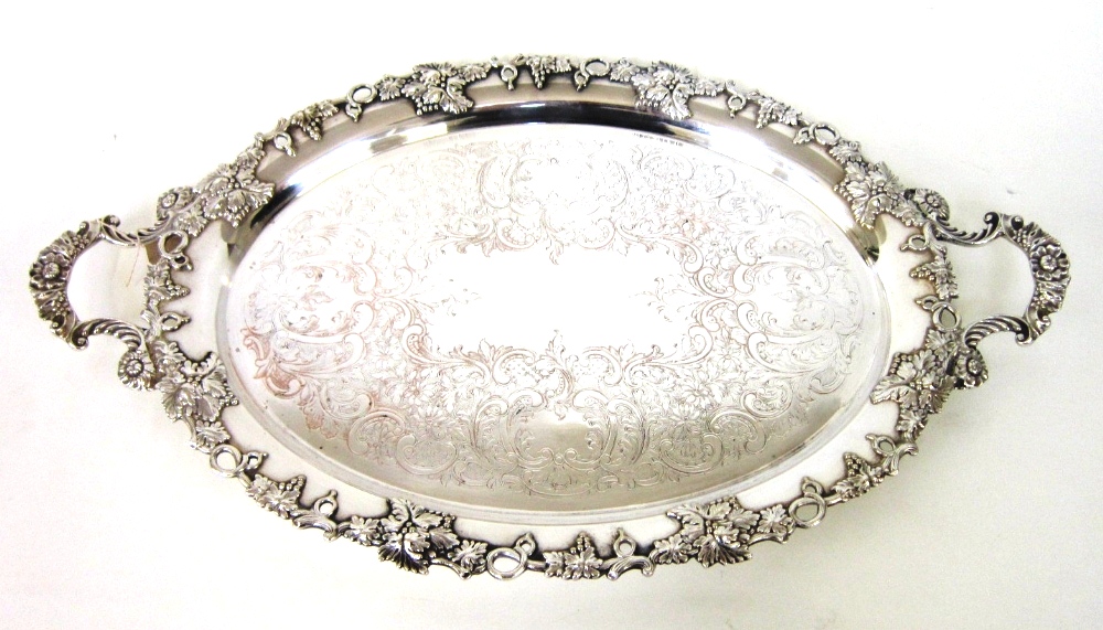 An electroplated twin handled Tray with fruiting vine border