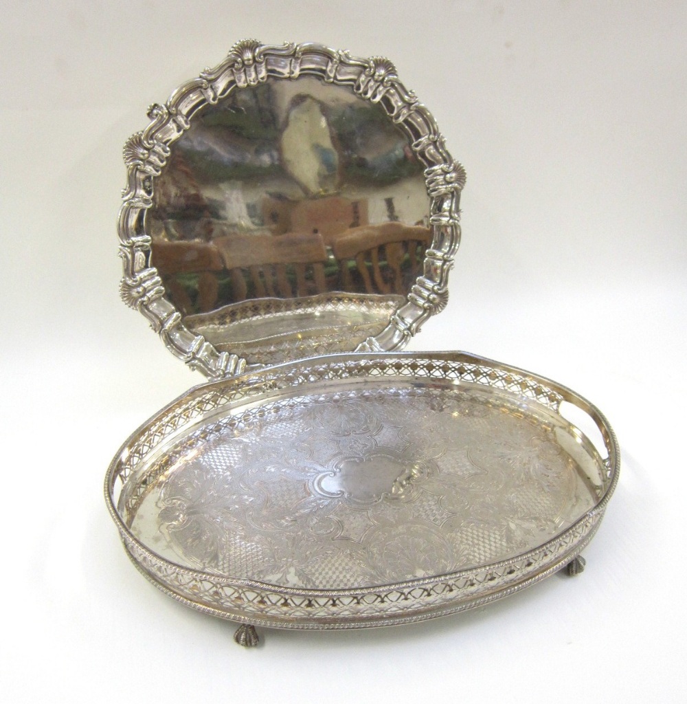 An electroplated circular Salver of Georgian style, mark of Walker & Hall; and an electroplated oval