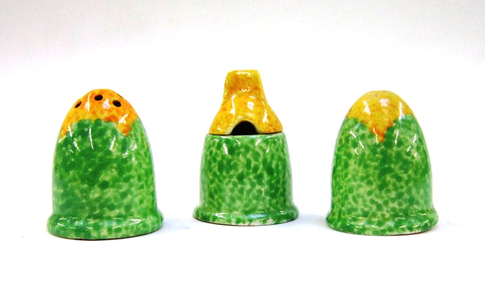 A Clarice Cliff Bizarre `Nuage` miniature three piece Condiment Set