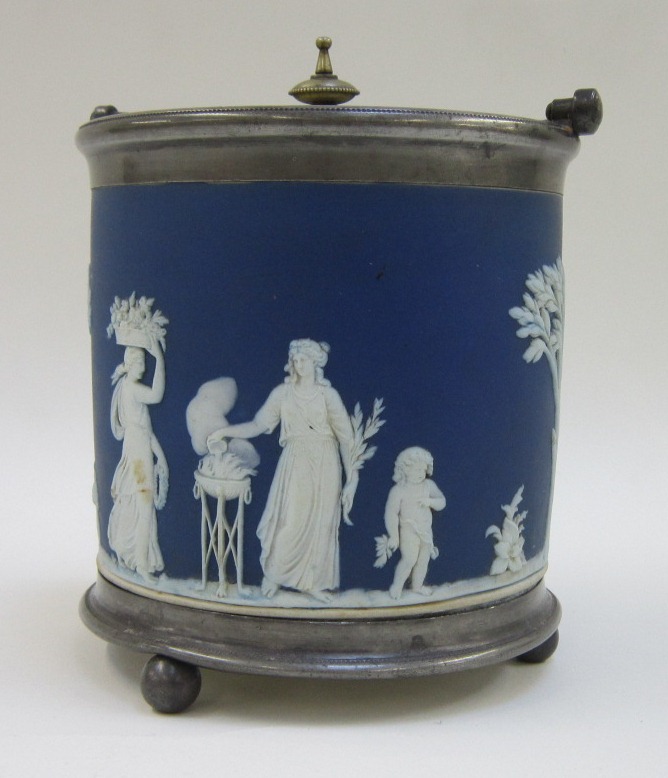 A Wedgwood Jasper Ware Biscuit Barrel with plated mounts