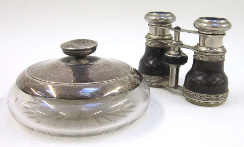 A silver topped cut glass Powder Pot, Birmingham 1922 (cracked); and a pair of French leather clad