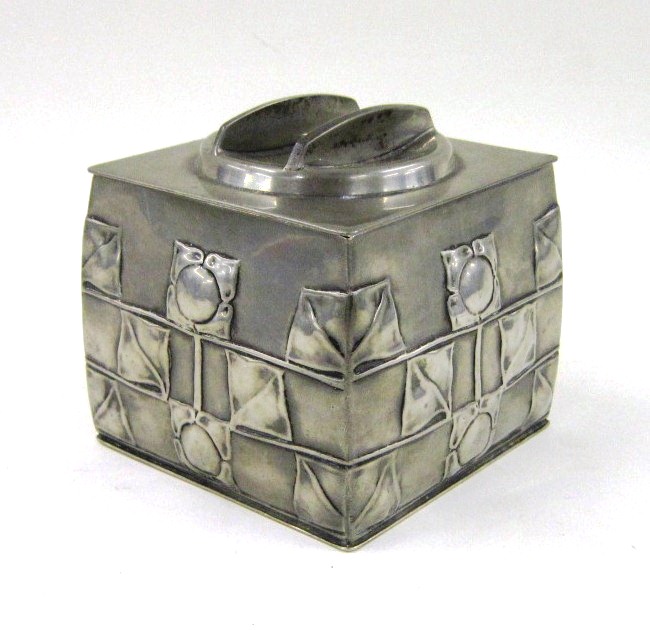 A Liberty & Co. Tudric pewter Biscuit Box and Cover by Archibald Knox. Circa 1900-1905, impressed