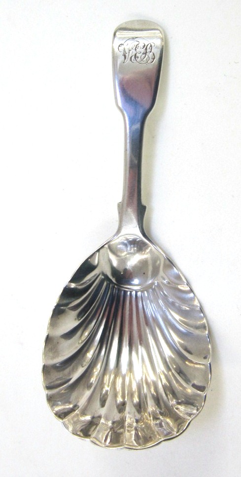 A George III silver Caddy Spoon. George Smith, London, 1806. Fiddle pattern with shell bowl