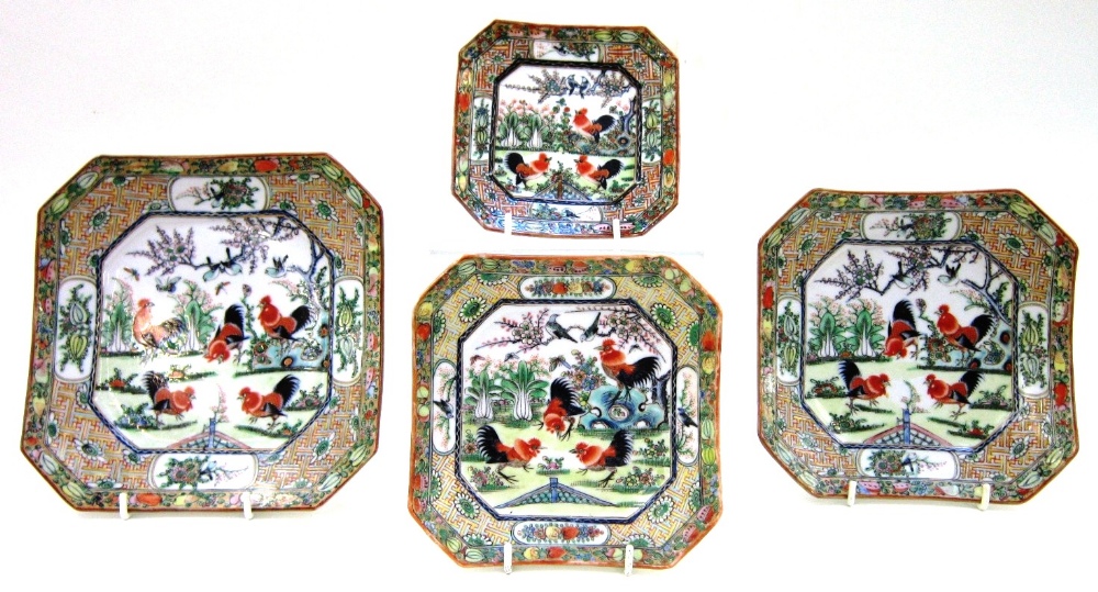 A set of four Chinese graduated square Plates, with canted corners decorated with birds in a