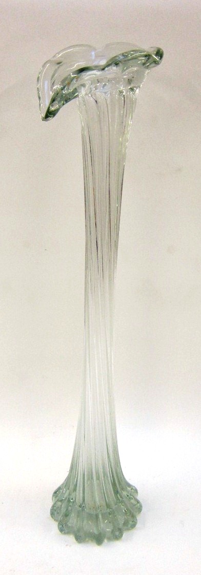 A large spirally fluted clear glass vase, with Jack in the Pulpit type crimped rim, 51cm high