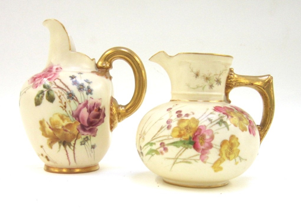 Two Royal Worcester blush ivory Jugs, late 19th Century, puce printed marks. Each painted with