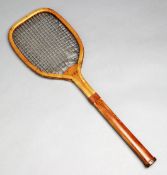 A square flat top tennis racquet by an unknown maker circa 1888, ash frame, convex throat