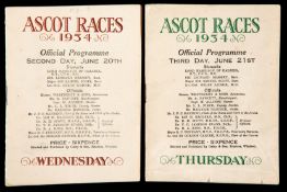 Two racecards from Royal Ascot in 1934, 2nd & 3rd days, 20th & 21st June, featuring the Gold Cup win