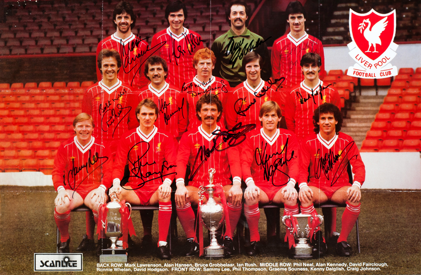 A team-signed Liverpool FC poster dated 1983, the colour poster fully-signed in black marker pen