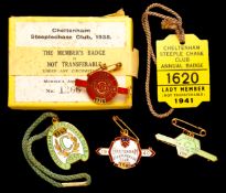 Five Cheltenham racecourse member`s badges, gilt-metal & enamel issues for 1937, 1938 (complete with